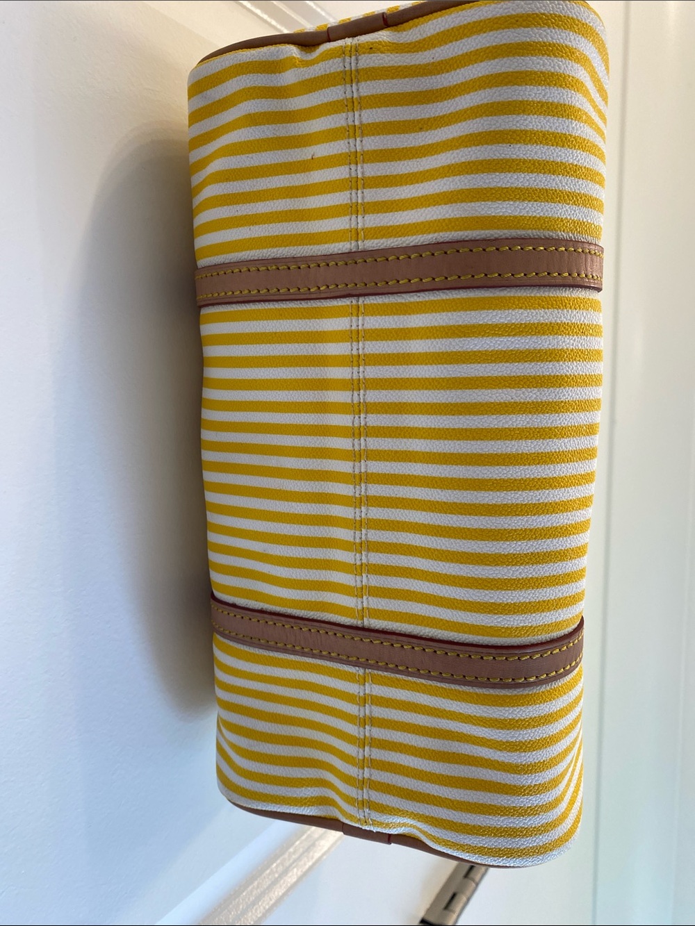 Dooney & Bourke Yellow & White Striped Barrel Shoulder Bag Tan Trim EUC ✨ - Picture 4 of 12